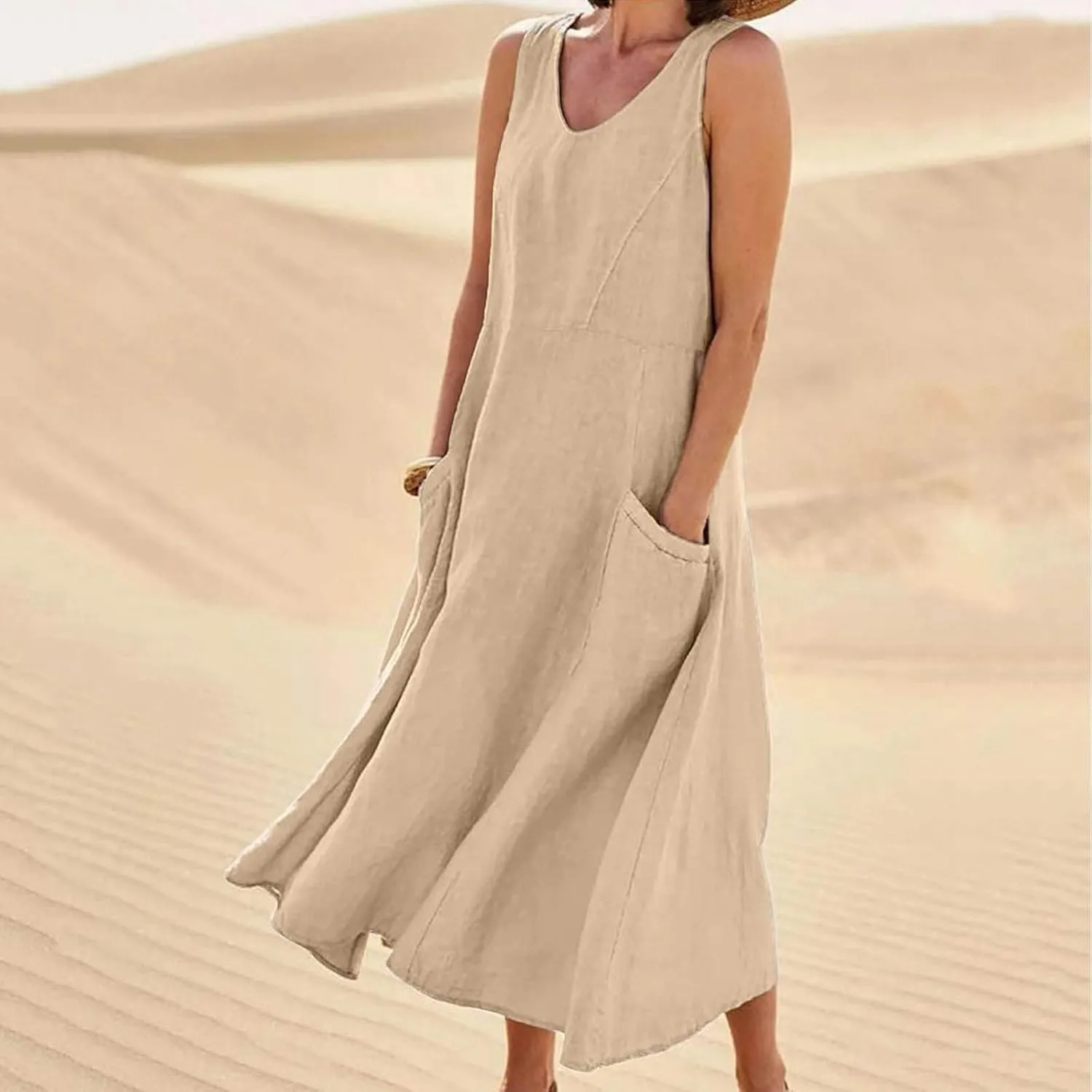 Women's Casual Dresses Trendy 2024 Cotton Linen Sleeveless Midi Tank Dresses Maxi T-Shirts Sundresses with Pockets