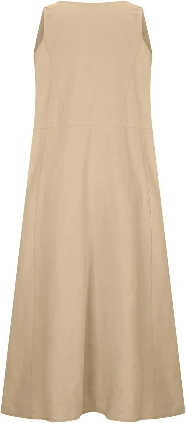 Women's Casual Dresses Trendy 2024 Cotton Linen Sleeveless Midi Tank Dresses Maxi T-Shirts Sundresses with Pockets