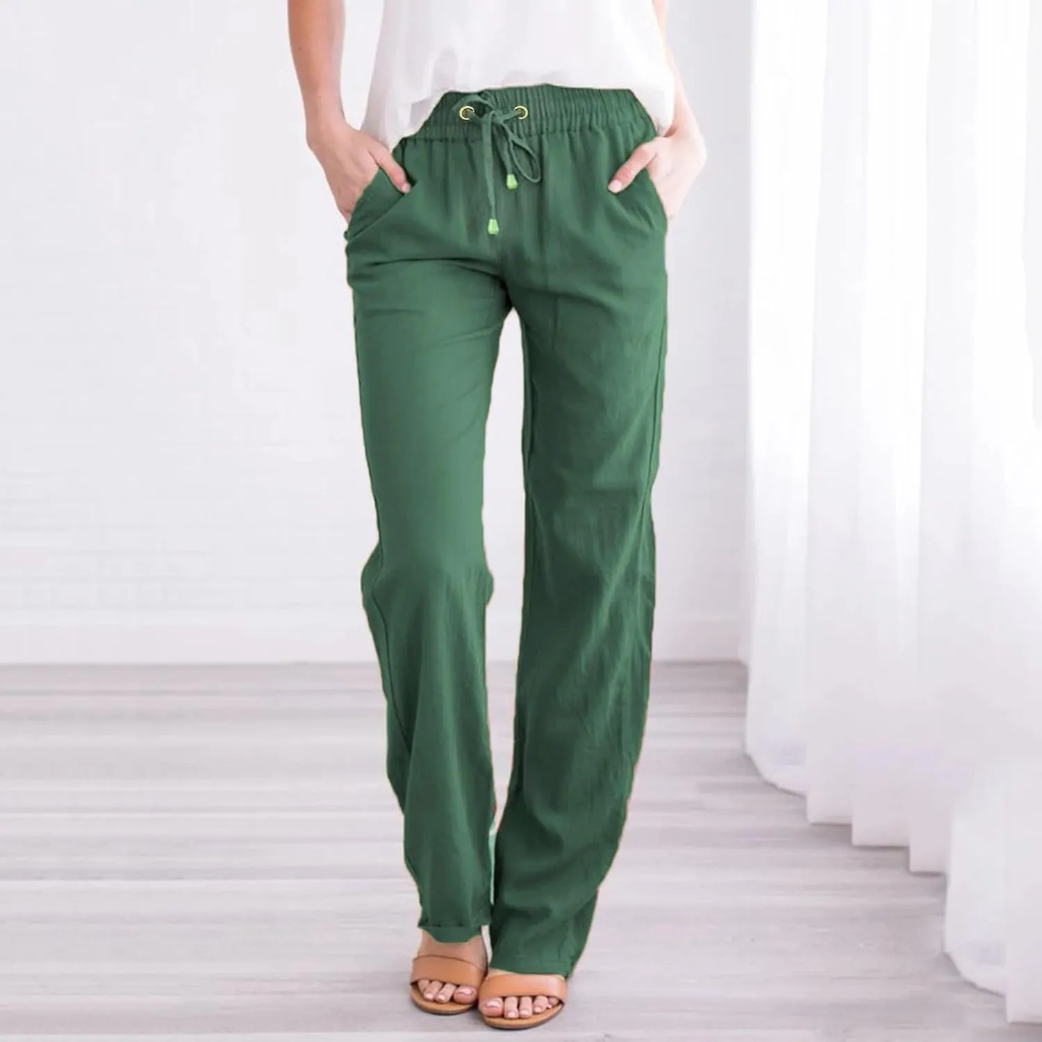 Women's Casual Loose Wide Leg Cozy Pants Linen Elastic Women Leg Solid 2025 Flowy Beach Trendy Trousers with Pockets