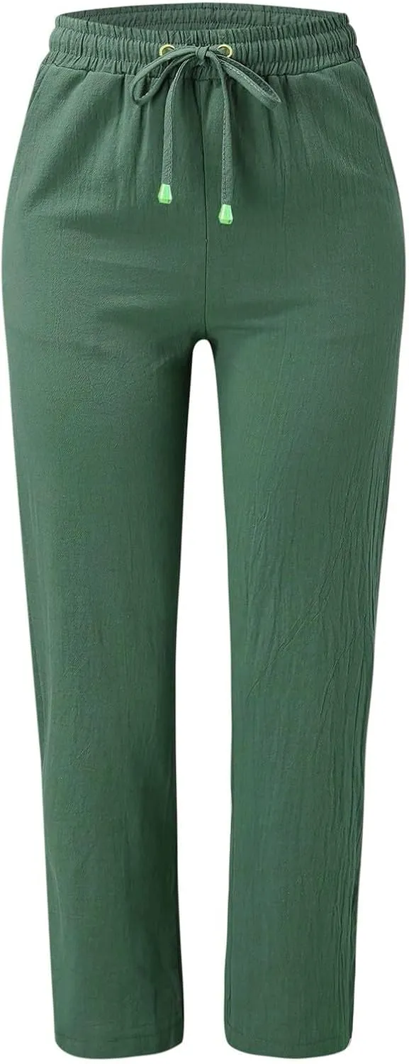 Women's Casual Loose Wide Leg Cozy Pants Linen Elastic Women Leg Solid 2025 Flowy Beach Trendy Trousers with Pockets