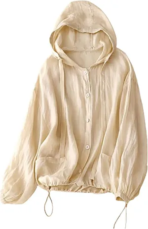 Womens Cotton Linen Hoodie Tops,Summer Fashion Hooded Long Sleeve Shirts Button Down Blouses for Women Dressy Casual