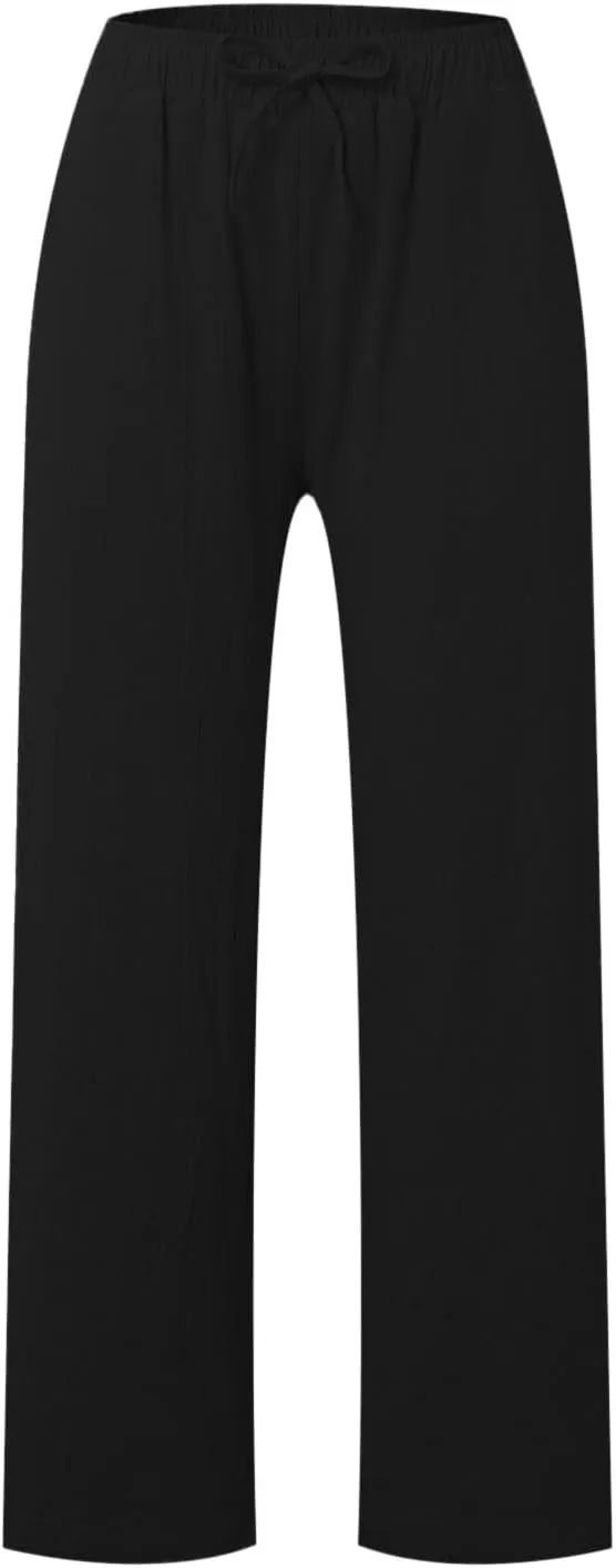 Women's Cotton Linen Summer Split Flowy Palazzo Pants Elastic Waisted Stretchy Straight Slim-Fit Palazzo Lounge
