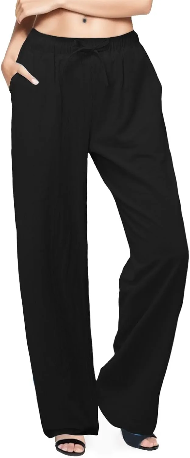 Women's Cotton Linen Summer Split Flowy Palazzo Pants Elastic Waisted Stretchy Straight Slim-Fit Palazzo Lounge