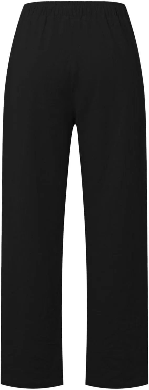 Women's Cotton Linen Summer Split Flowy Palazzo Pants Elastic Waisted Stretchy Straight Slim-Fit Palazzo Lounge