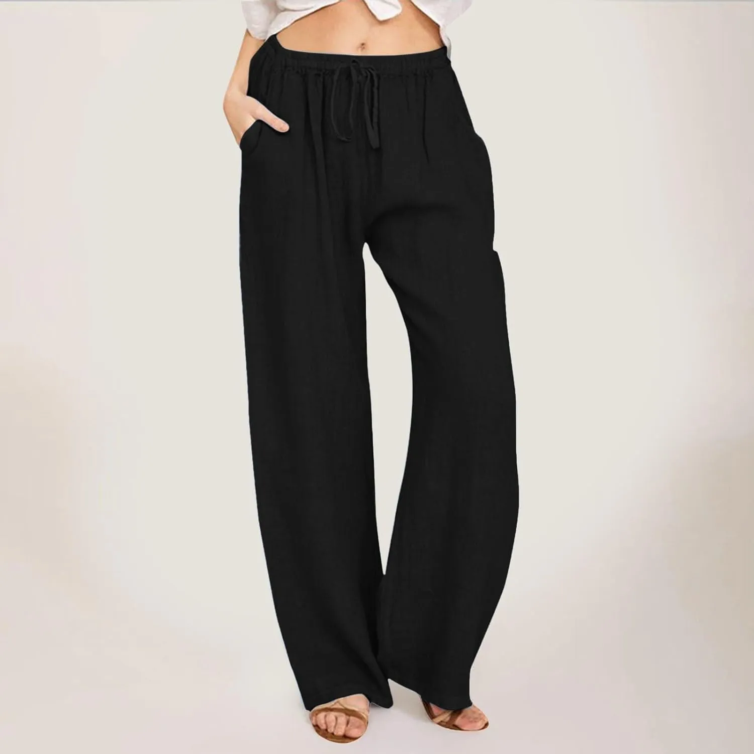 Women's Cotton Linen Summer Split Flowy Palazzo Pants Elastic Waisted Stretchy Straight Slim-Fit Palazzo Lounge