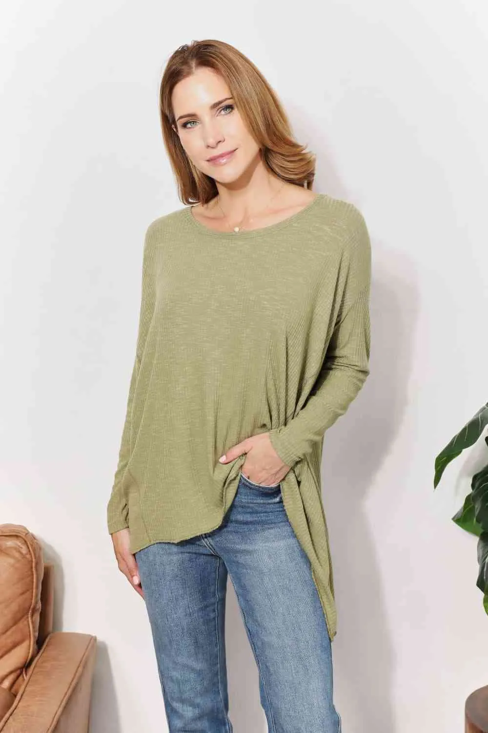 Women's HEYSON Full Size Oversized Super Soft Rib Layering Top with a Sharkbite Hem and Round Neck