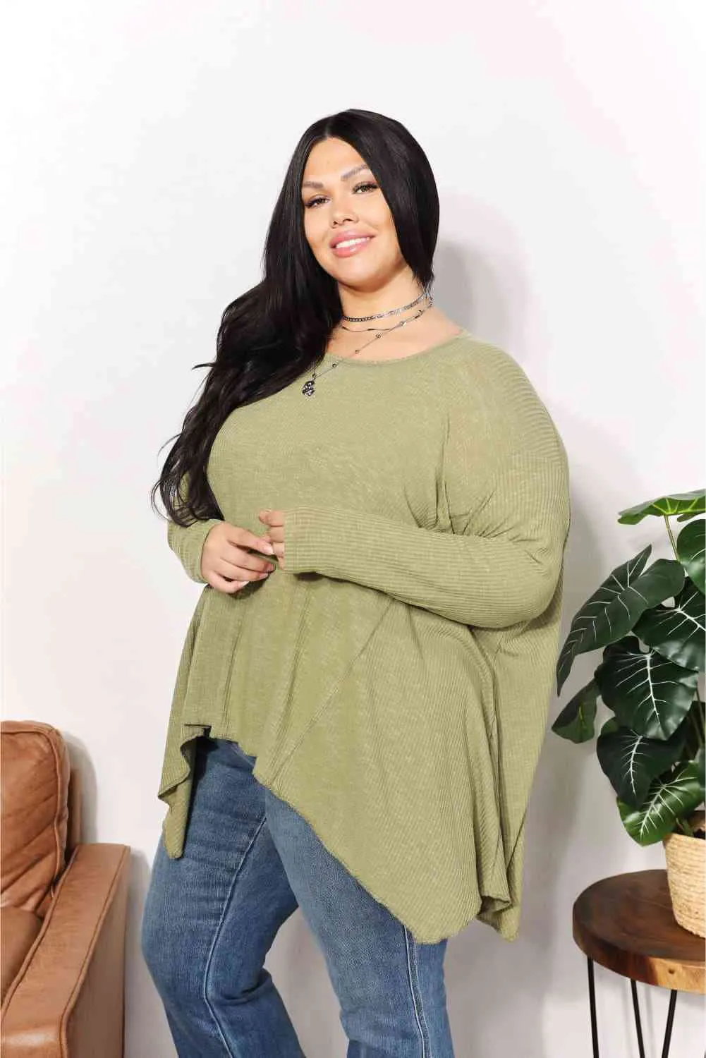 Women's HEYSON Full Size Oversized Super Soft Rib Layering Top with a Sharkbite Hem and Round Neck