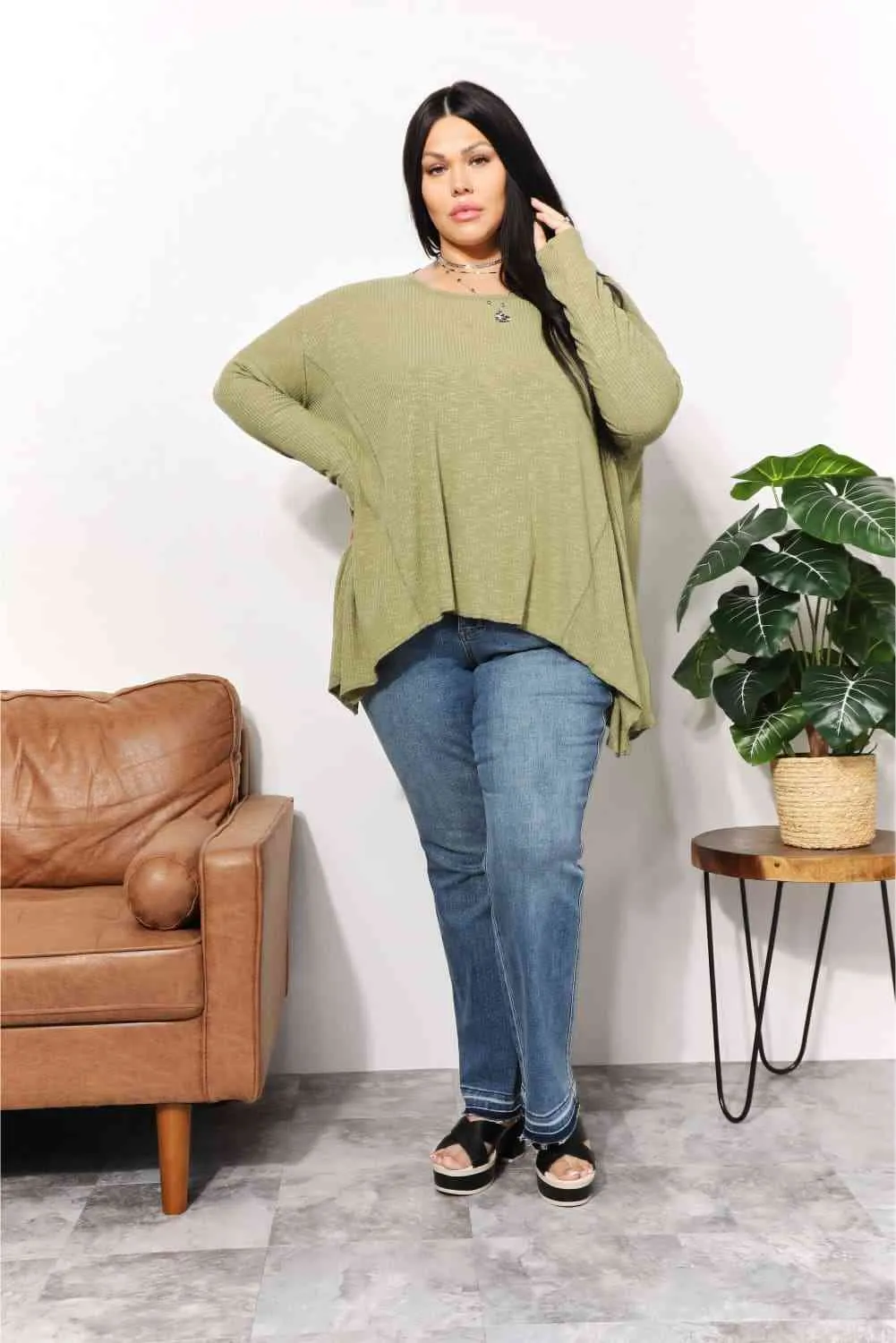 Women's HEYSON Full Size Oversized Super Soft Rib Layering Top with a Sharkbite Hem and Round Neck