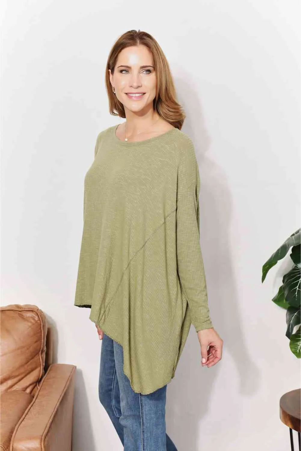 Women's HEYSON Full Size Oversized Super Soft Rib Layering Top with a Sharkbite Hem and Round Neck