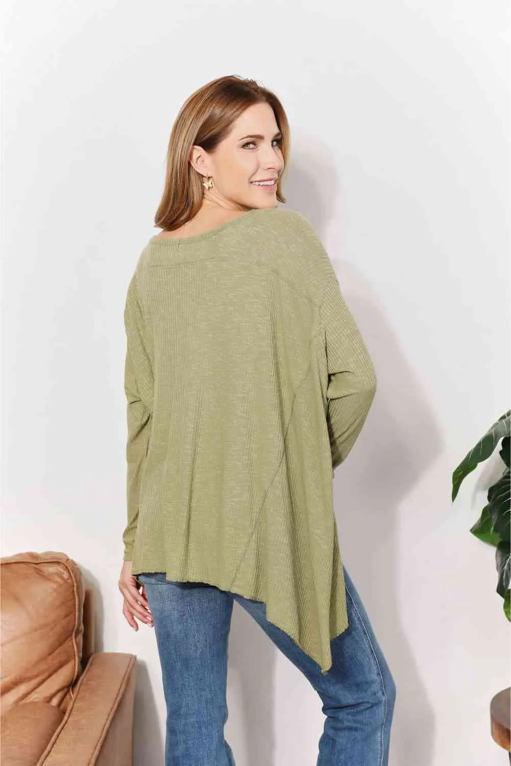 Women's HEYSON Full Size Oversized Super Soft Rib Layering Top with a Sharkbite Hem and Round Neck