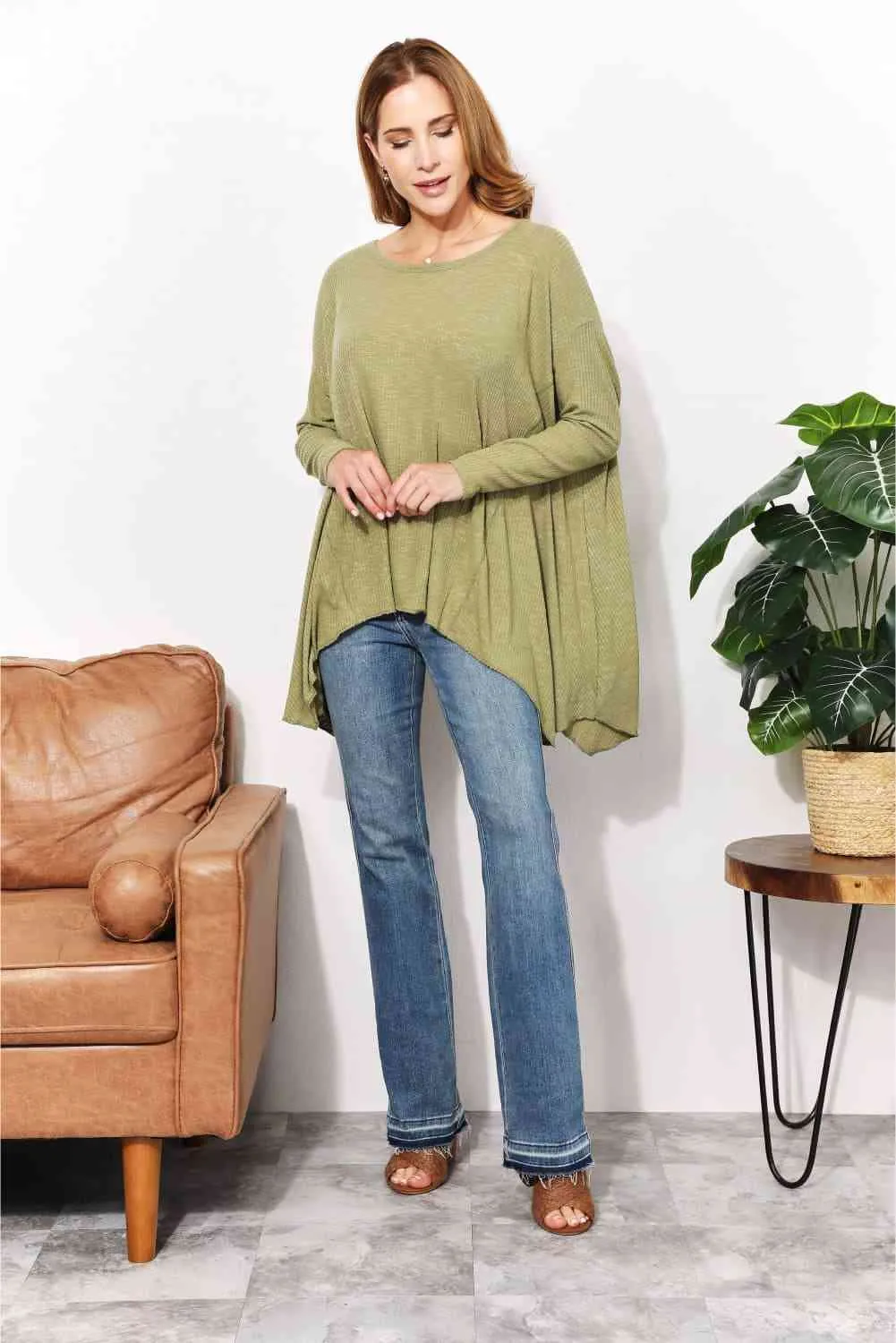 Women's HEYSON Full Size Oversized Super Soft Rib Layering Top with a Sharkbite Hem and Round Neck