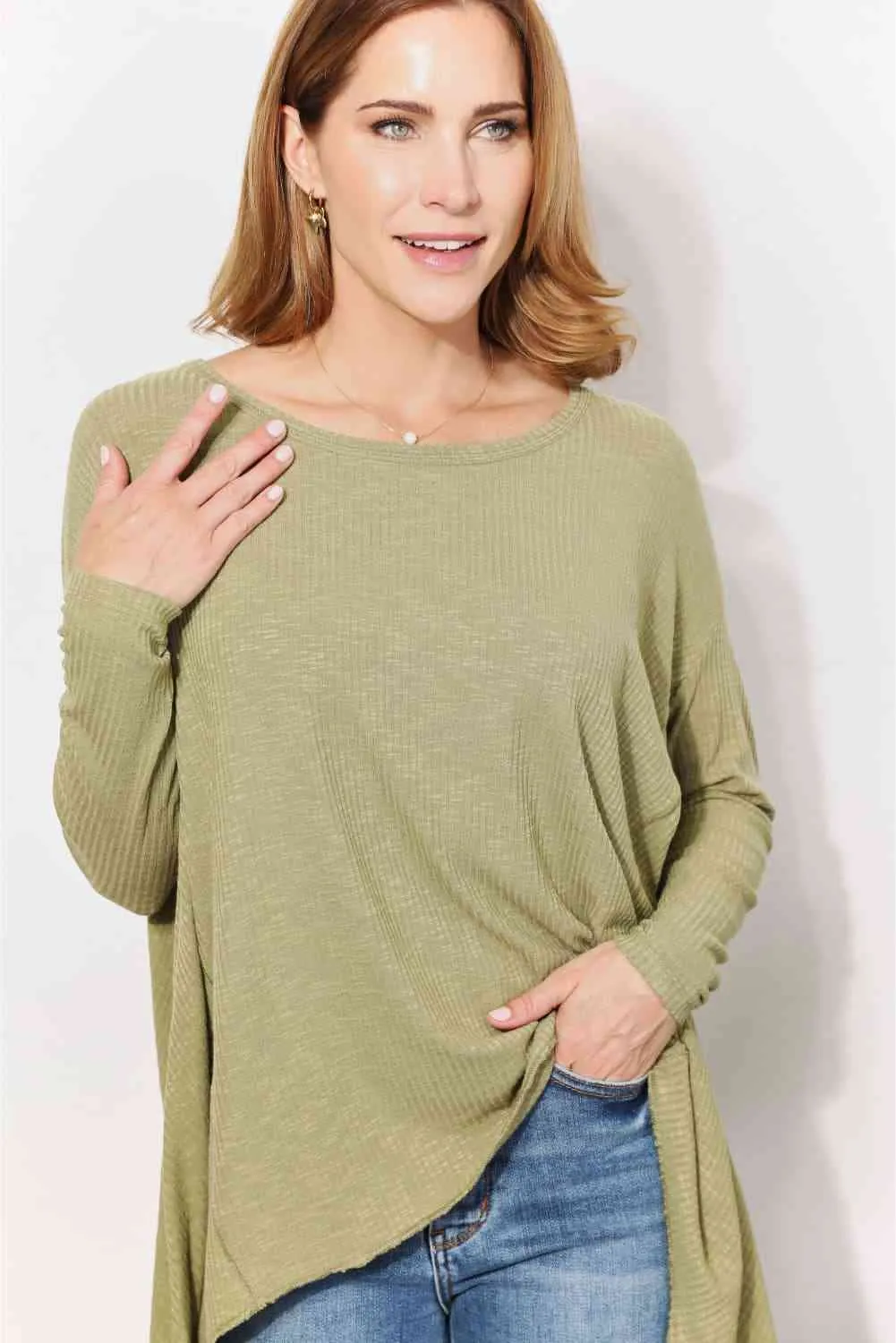 Women's HEYSON Full Size Oversized Super Soft Rib Layering Top with a Sharkbite Hem and Round Neck