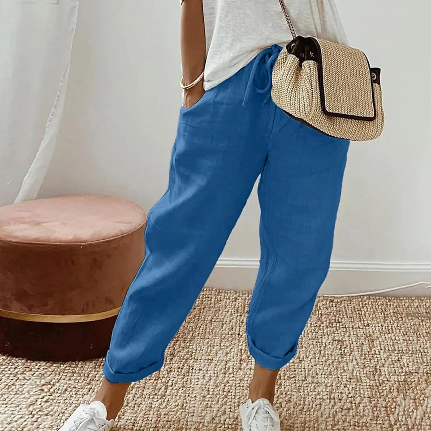 Womens Linen Summer Letter Patched Palazzo Pants Low Waist Stretchy Straight Slim Fit Palazzo Pants Office