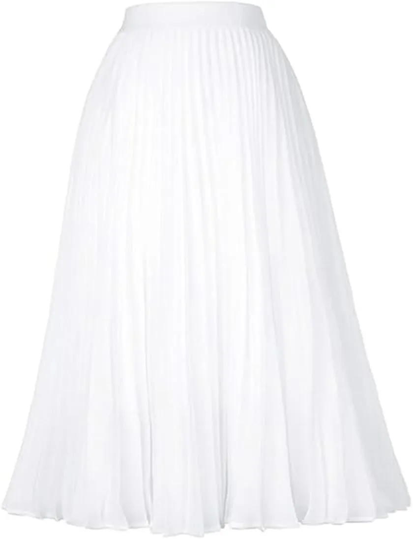 Womens Midi Pleated Chiffon Skirts Casual Elastic High Waist Flowy Swing Knee Length A Line Skirt
