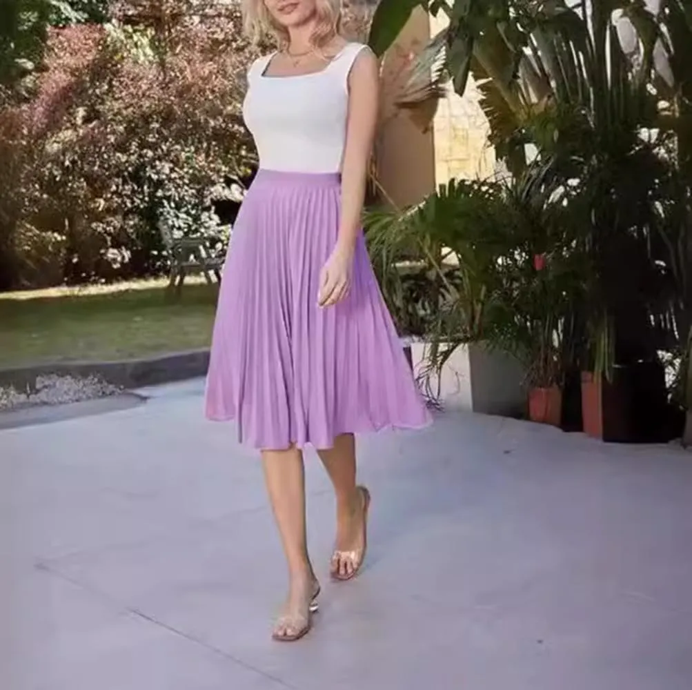 Womens Midi Pleated Chiffon Skirts Casual Elastic High Waist Flowy Swing Knee Length A Line Skirt