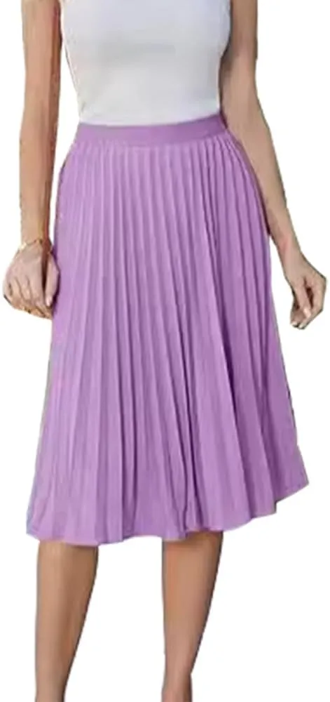 Womens Midi Pleated Chiffon Skirts Casual Elastic High Waist Flowy Swing Knee Length A Line Skirt