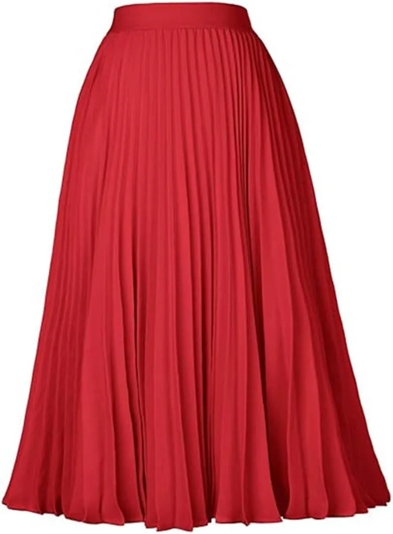 Womens Midi Pleated Chiffon Skirts Casual Elastic High Waist Flowy Swing Knee Length A Line Skirt