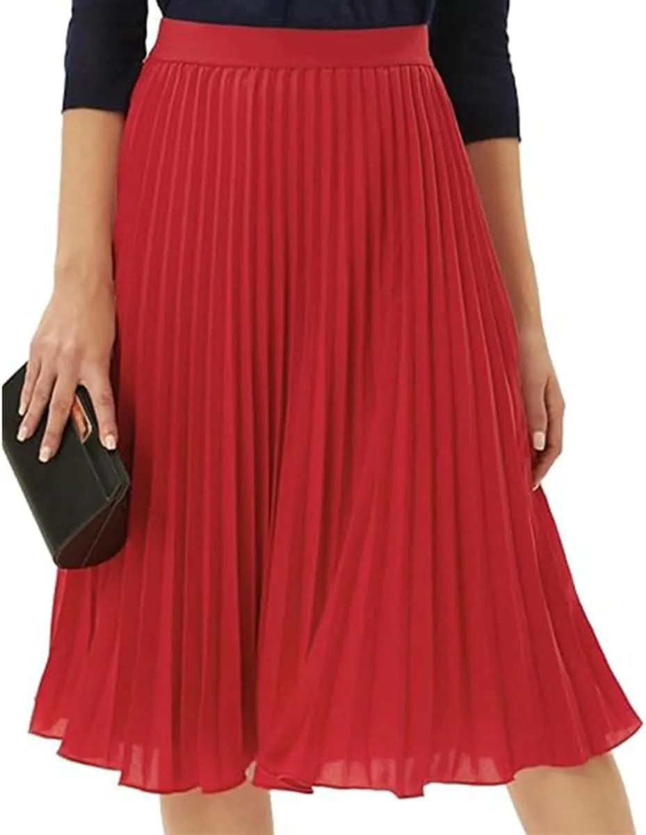 Womens Midi Pleated Chiffon Skirts Casual Elastic High Waist Flowy Swing Knee Length A Line Skirt