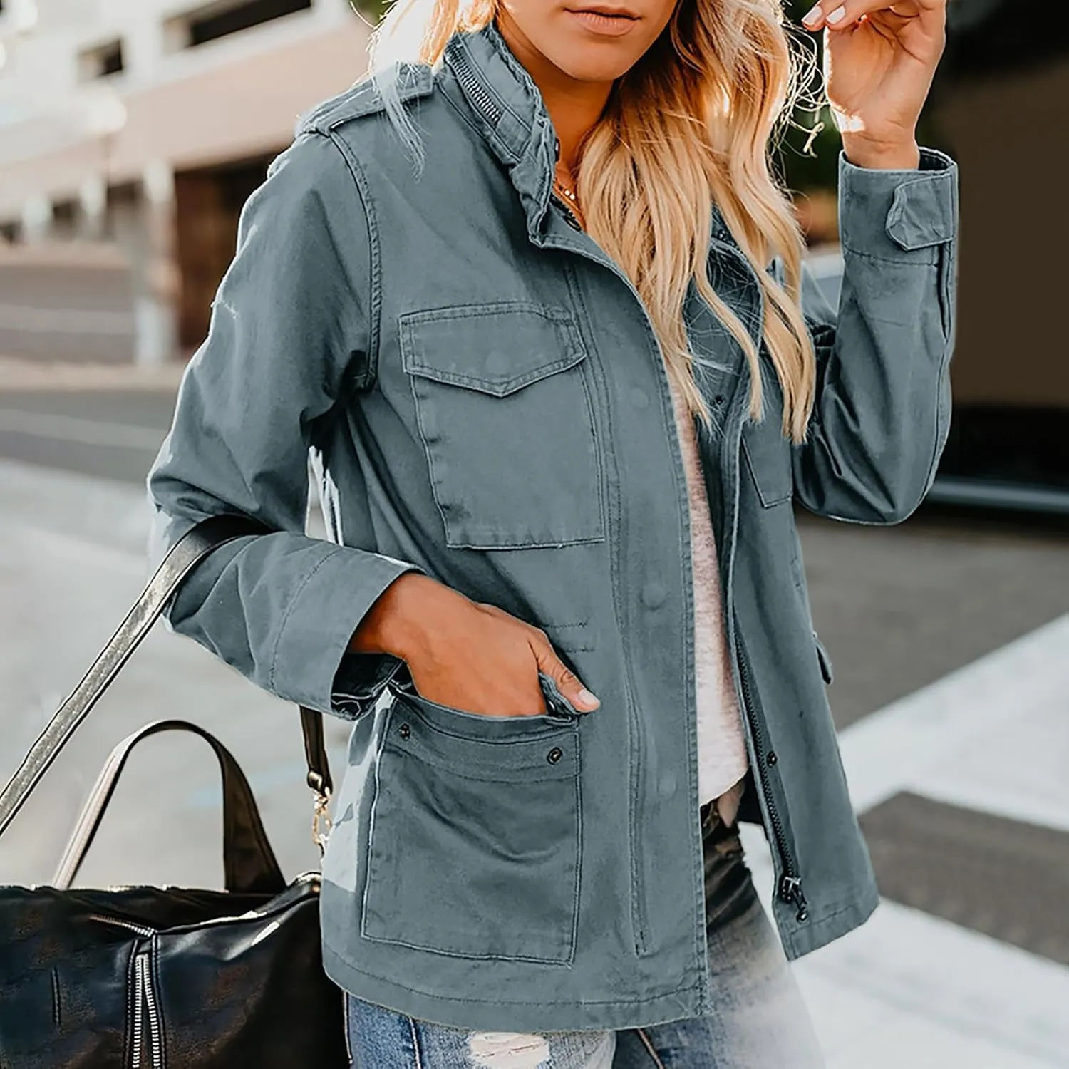 Womens Military Anorak Jacket Lapel Zip Up Snap Button Parka Outdoor Utility Lightweight Fields Outwear with Pockets