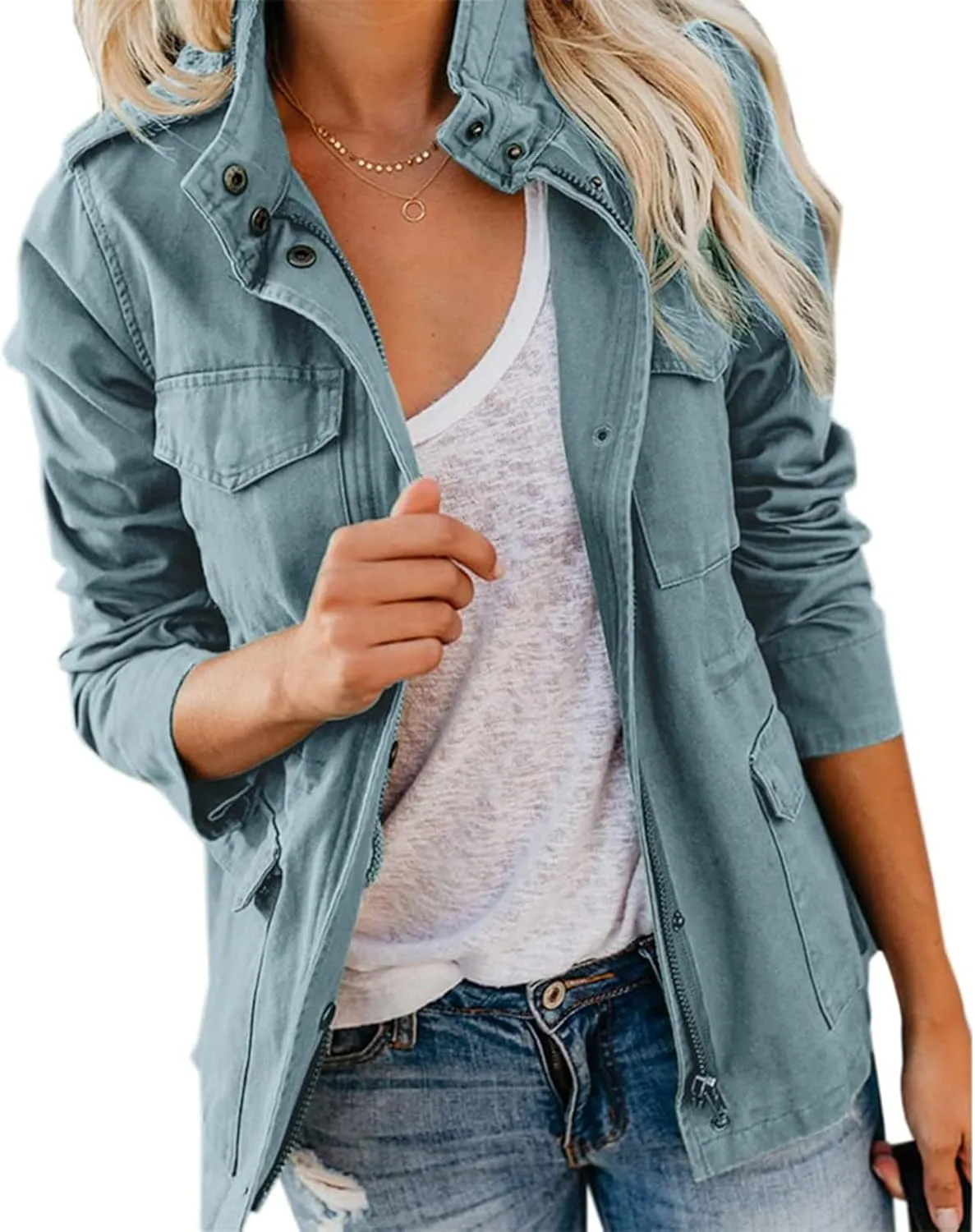 Womens Military Anorak Jacket Lapel Zip Up Snap Button Parka Outdoor Utility Lightweight Fields Outwear with Pockets