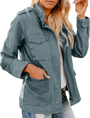 Womens Military Anorak Jacket Lapel Zip Up Snap Button Parka Outdoor Utility Lightweight Fields Outwear with Pockets