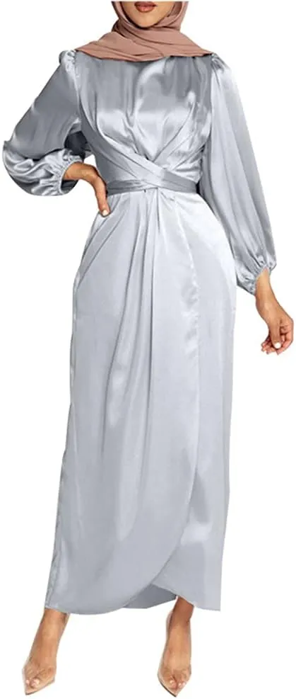 Women's Plain Satin Abaya Dress Round Collar Balloon Sleeve Wrap Waist Slit Maxi Dress Middle Eastern Muslim Gown