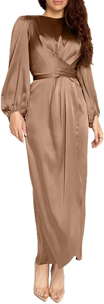 Women's Plain Satin Abaya Dress Round Collar Balloon Sleeve Wrap Waist Slit Maxi Dress Middle Eastern Muslim Gown