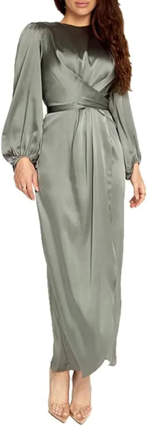 Women's Plain Satin Abaya Dress Round Collar Balloon Sleeve Wrap Waist Slit Maxi Dress Middle Eastern Muslim Gown