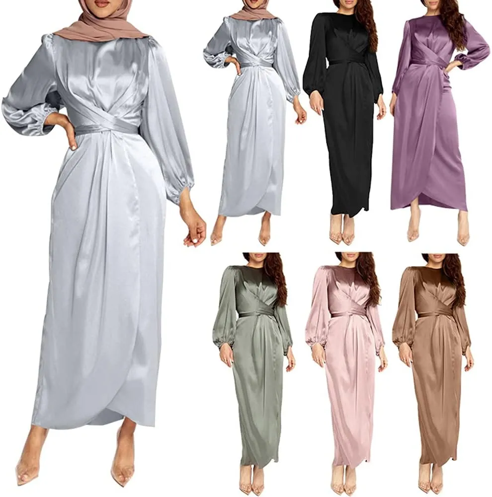 Women's Plain Satin Abaya Dress Round Collar Balloon Sleeve Wrap Waist Slit Maxi Dress Middle Eastern Muslim Gown
