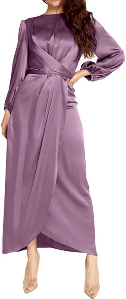 Women's Plain Satin Abaya Dress Round Collar Balloon Sleeve Wrap Waist Slit Maxi Dress Middle Eastern Muslim Gown