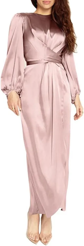 Women's Plain Satin Abaya Dress Round Collar Balloon Sleeve Wrap Waist Slit Maxi Dress Middle Eastern Muslim Gown