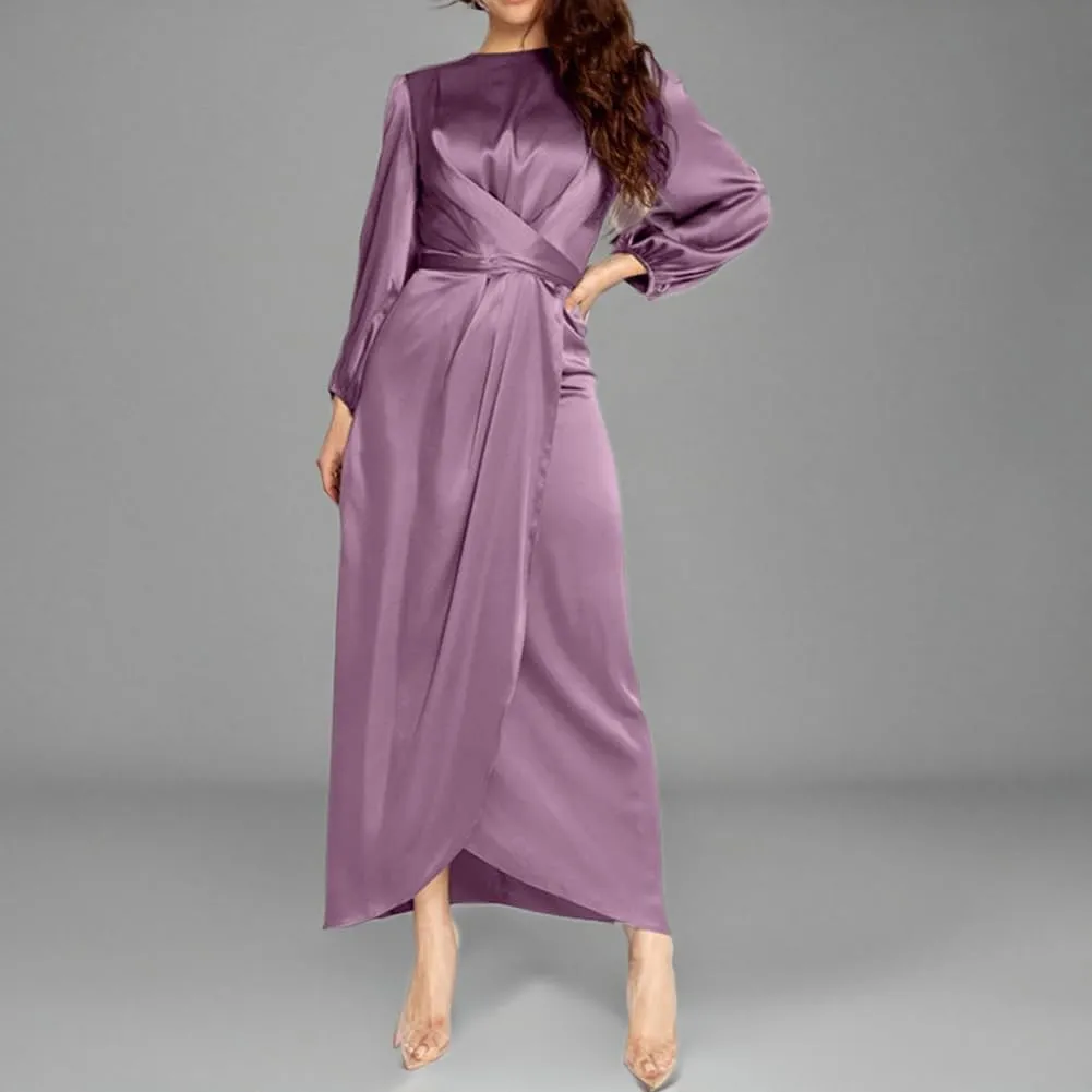 Women's Plain Satin Abaya Dress Round Collar Balloon Sleeve Wrap Waist Slit Maxi Dress Middle Eastern Muslim Gown