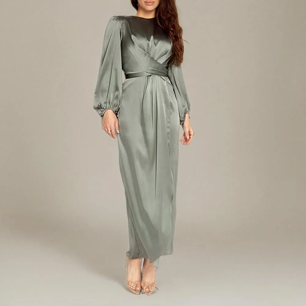 Women's Plain Satin Abaya Dress Round Collar Balloon Sleeve Wrap Waist Slit Maxi Dress Middle Eastern Muslim Gown