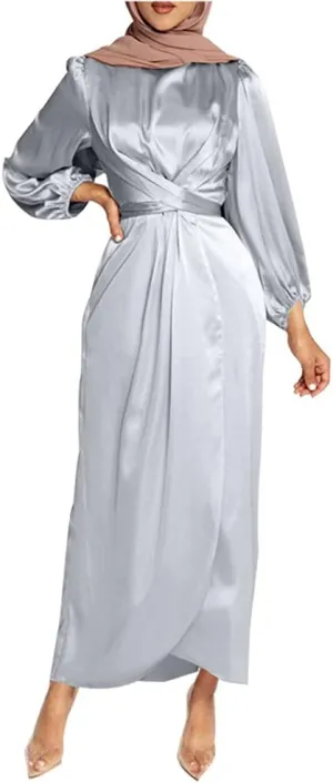 Women's Plain Satin Abaya Dress Round Collar Balloon Sleeve Wrap Waist Slit Maxi Dress Middle Eastern Muslim Gown