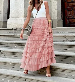 Women's Ruffled Tiered Tulle Skirt Elastic High Waist Fairy Maxi Skirt Layered Mesh Puffy A Line Long Skirt