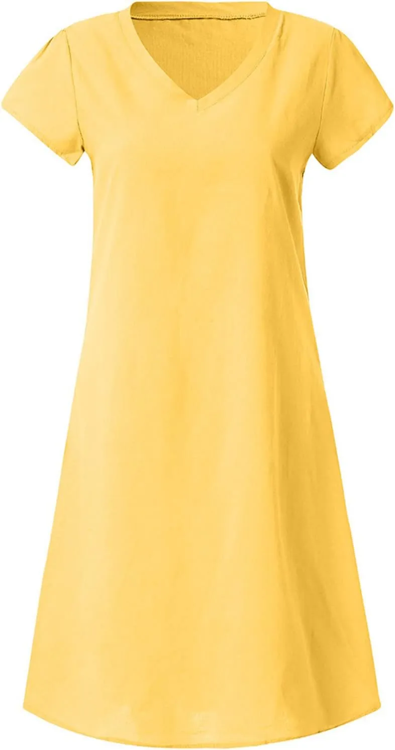 Womens Short Sleeve Cotton Linen Beach Dresses Simple Solid Color A Line Sundress V-Neck Loose Clothes