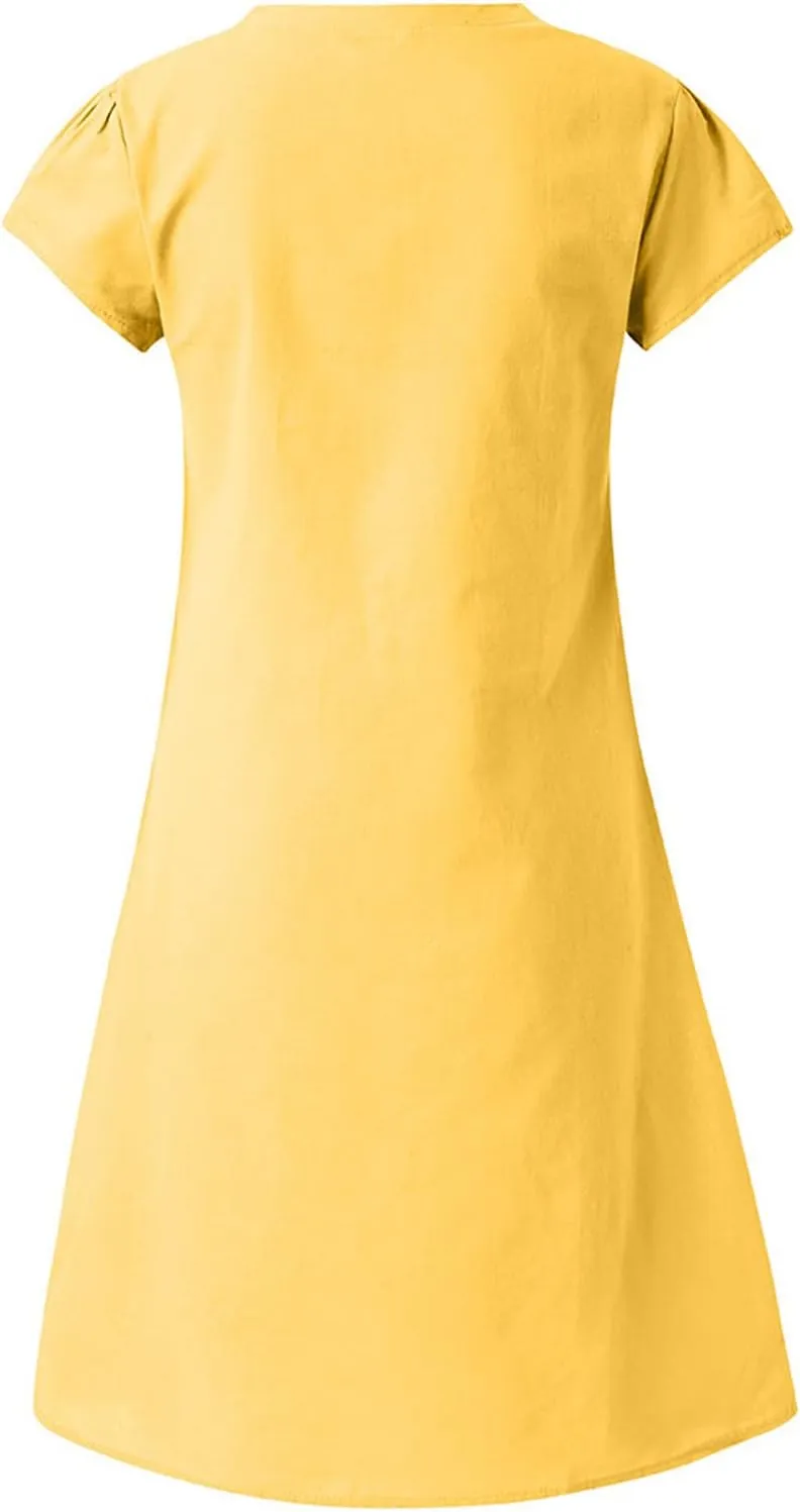 Womens Short Sleeve Cotton Linen Beach Dresses Simple Solid Color A Line Sundress V-Neck Loose Clothes