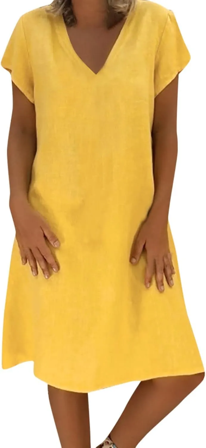 Womens Short Sleeve Cotton Linen Beach Dresses Simple Solid Color A Line Sundress V-Neck Loose Clothes