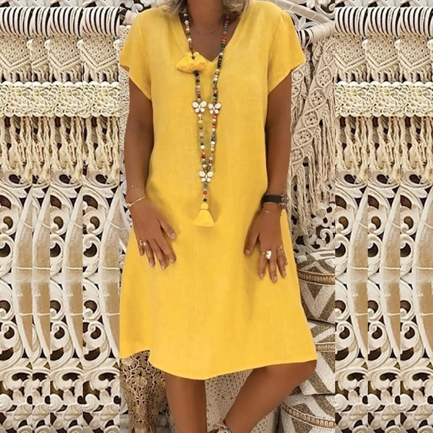 Womens Short Sleeve Cotton Linen Beach Dresses Simple Solid Color A Line Sundress V-Neck Loose Clothes