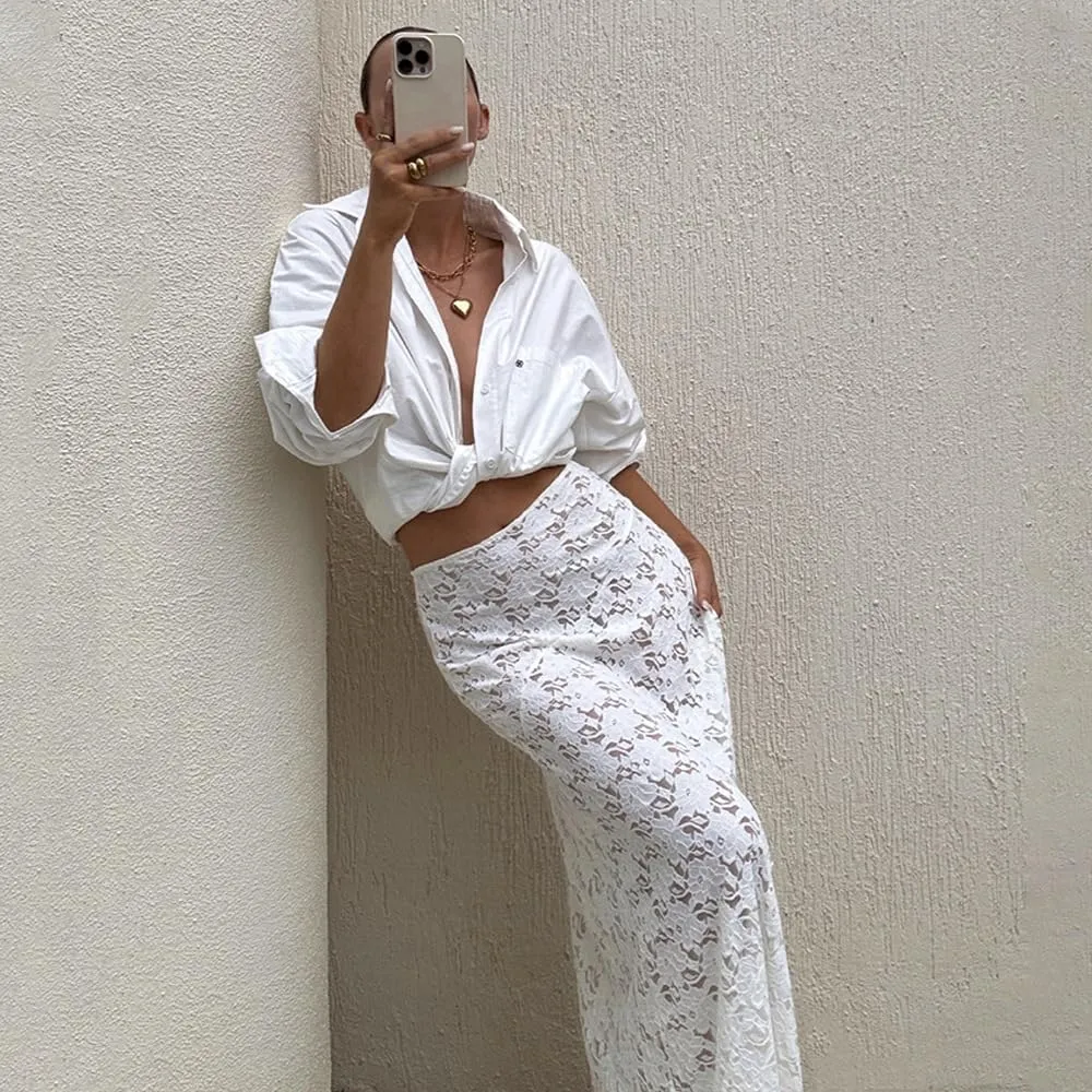 Womens Skirts Lace See Through Solid Long Maxi Skirt High Waist Casual Vacation Skirts for Women Trendy