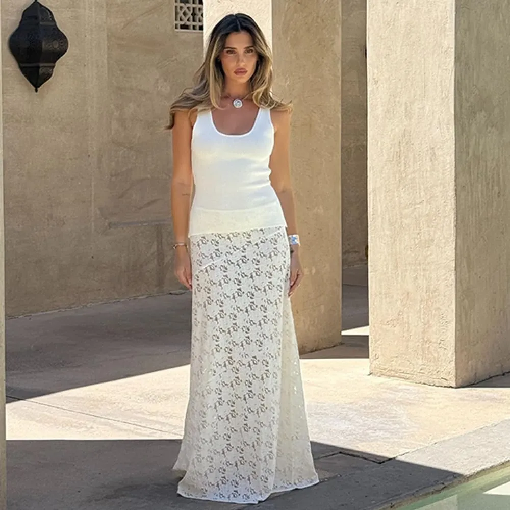Womens Skirts Lace See Through Solid Long Maxi Skirt High Waist Casual Vacation Skirts for Women Trendy