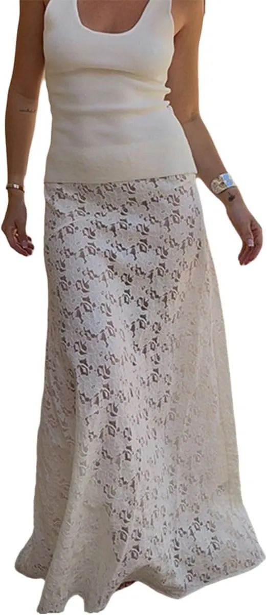 Womens Skirts Lace See Through Solid Long Maxi Skirt High Waist Casual Vacation Skirts for Women Trendy