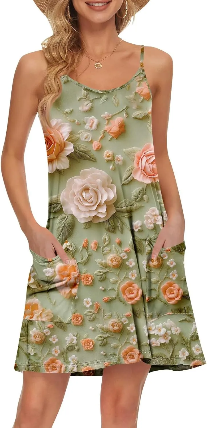 Womens Summer Dresses 2025 Loose Sleeveless Sundresses Beach Swimsuit with Pockets