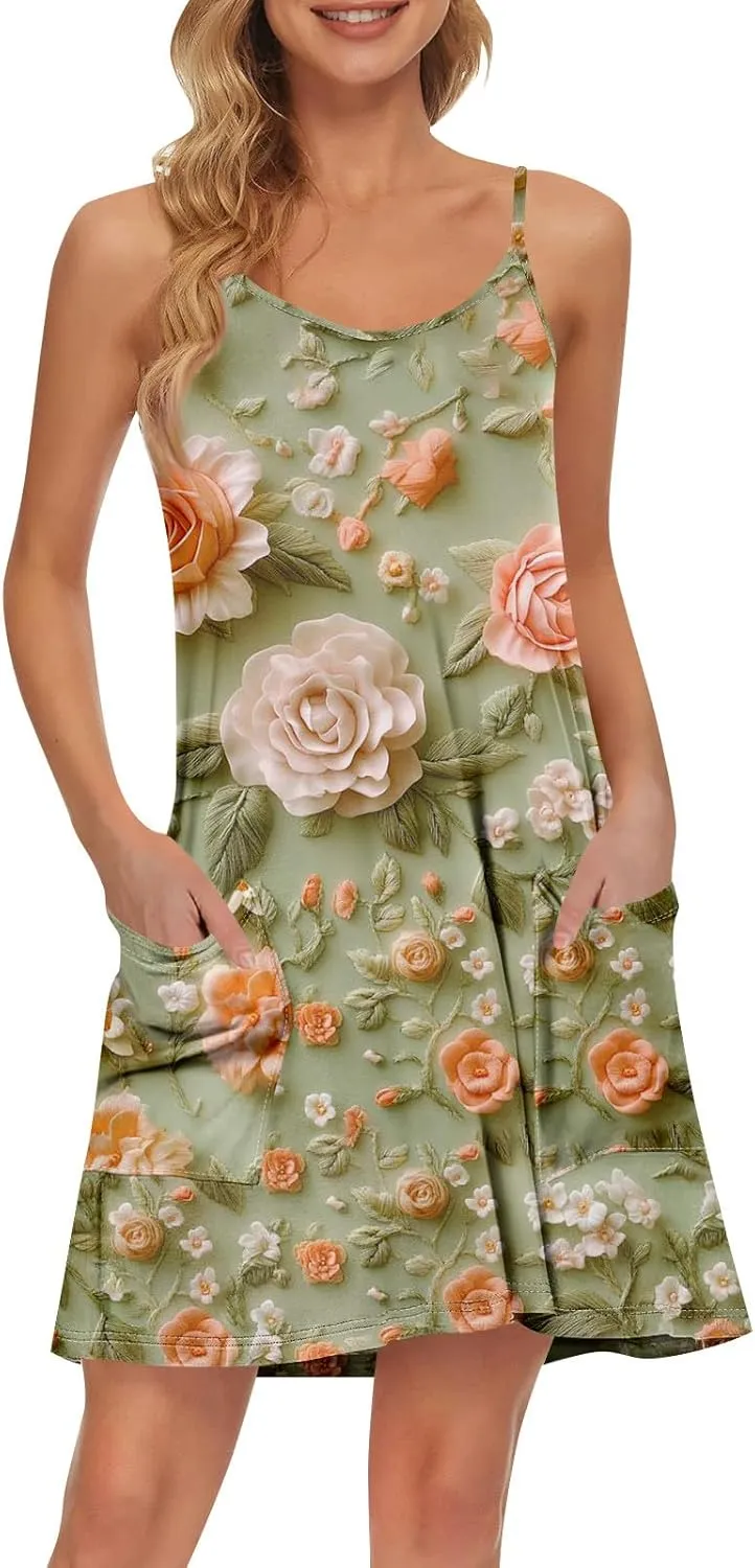 Womens Summer Dresses 2025 Loose Sleeveless Sundresses Beach Swimsuit with Pockets