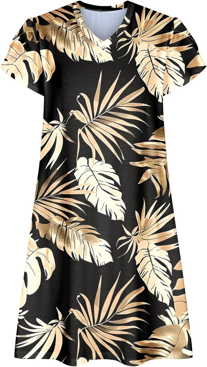 Womens Summer Dresses Short Sleeve A Line Sundresses V-Neck Trendy Loose Casual Boho Beach Dress with Pockets