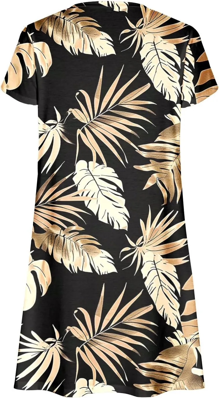 Womens Summer Dresses Short Sleeve A Line Sundresses V-Neck Trendy Loose Casual Boho Beach Dress with Pockets