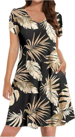Womens Summer Dresses Short Sleeve A Line Sundresses V-Neck Trendy Loose Casual Boho Beach Dress with Pockets