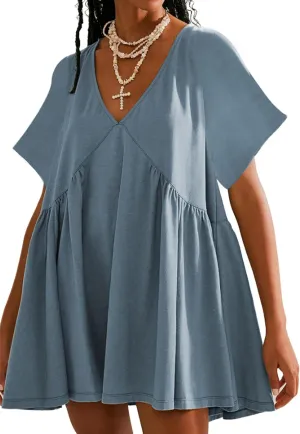Womens Summer Mini Dress Casual Short Sleeve Loose V Neck Swing Sundress with Pocket
