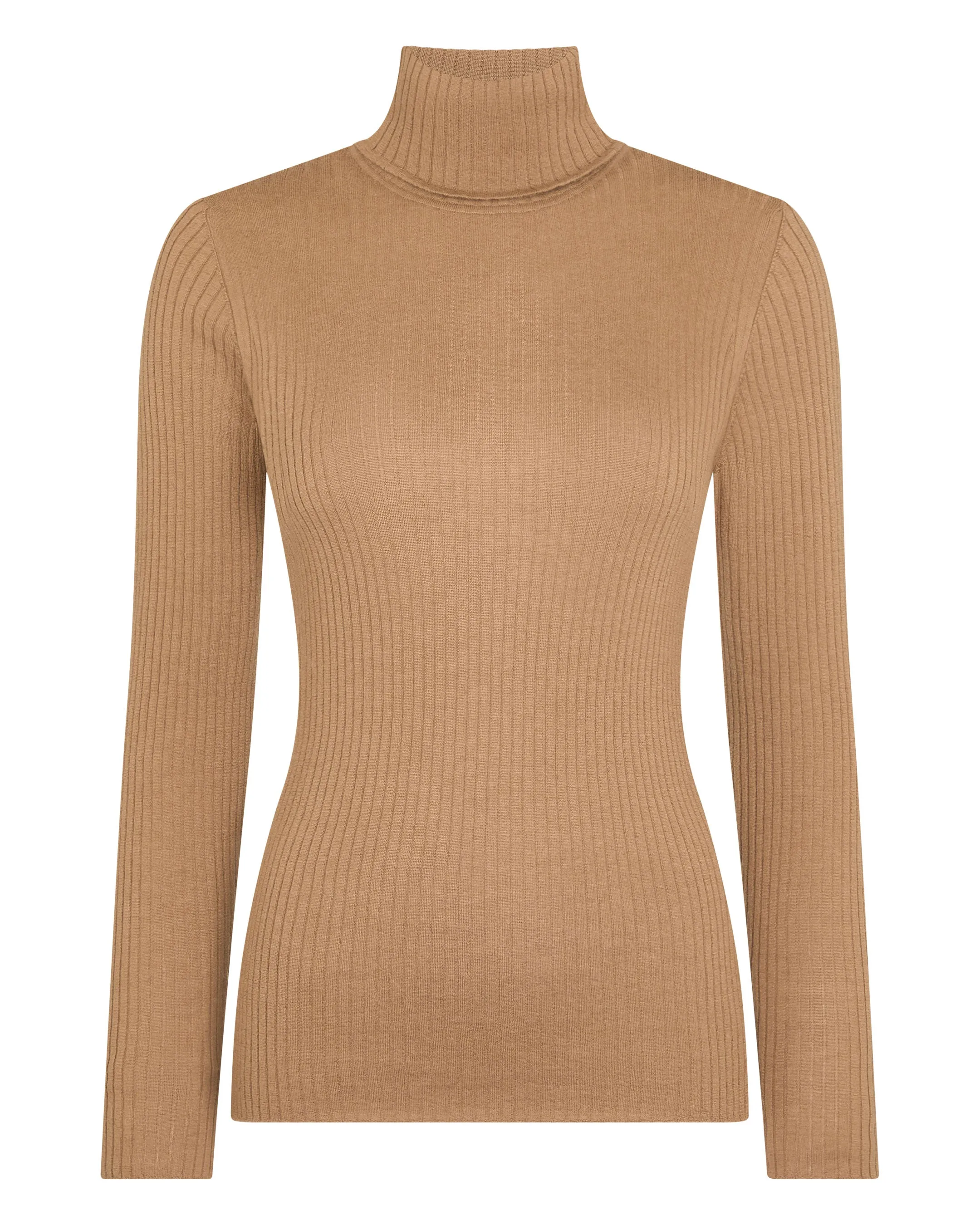 Women's Superfine Cashmere Ribbed Roll Neck Jumper Dark Camel Brown