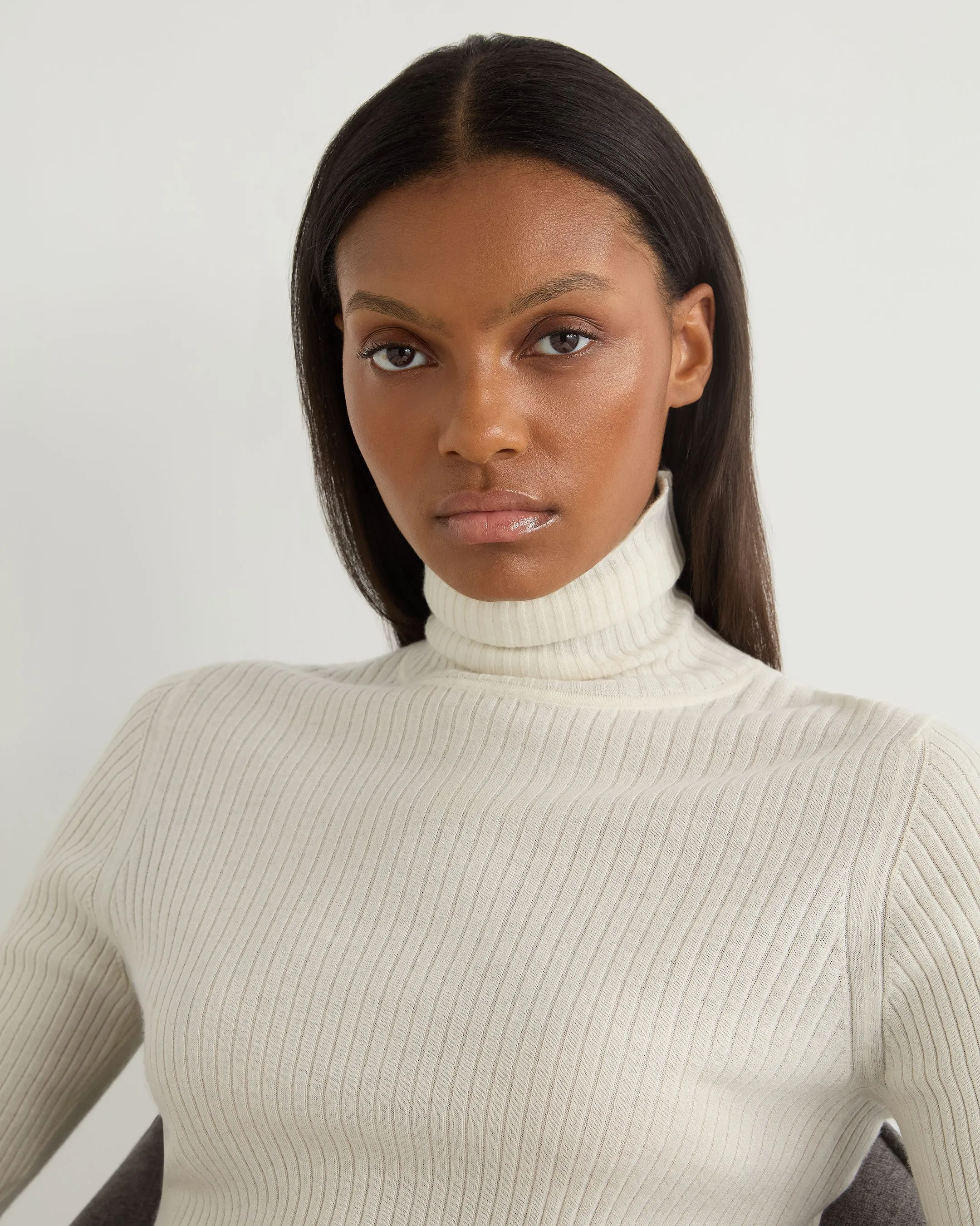 Women's Superfine Cashmere Ribbed Turtle Neck Sweater New Ivory White